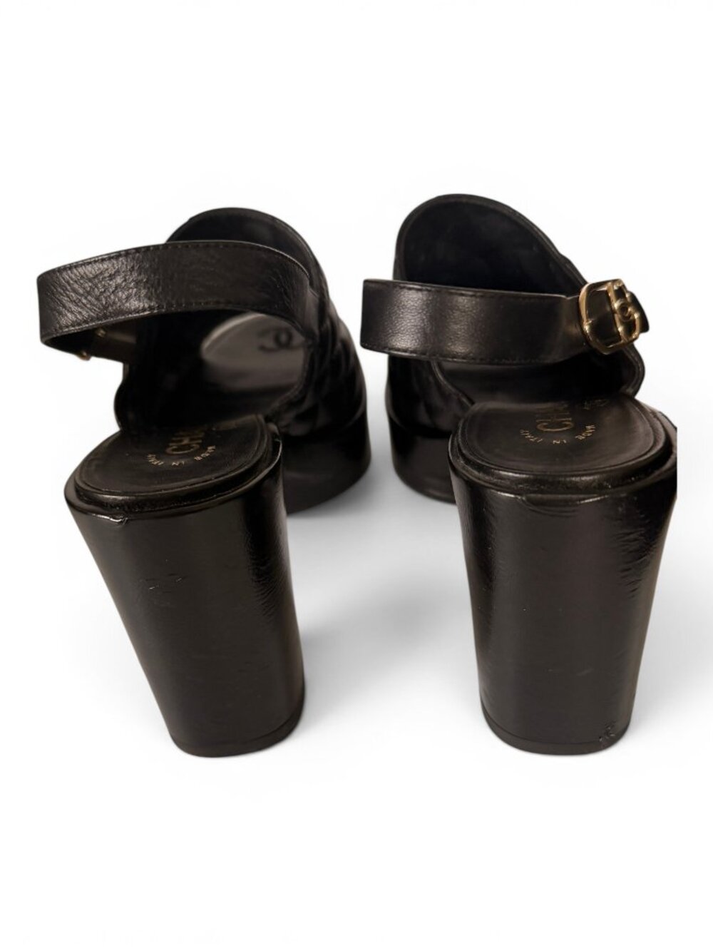 CHANEL CC LOGO QUILTED LAMBSKIN SLINGBACK BLOCK HEEL SANDALS BLACK 38 - Picture 12 of 14